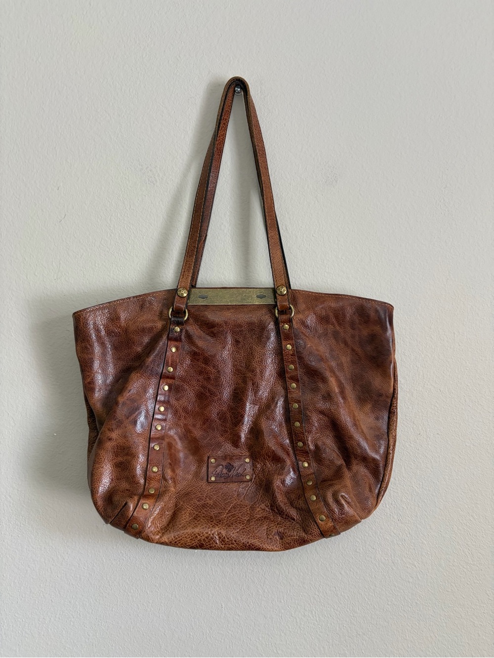 Patricia Nash Leather Benvenuto Large Tote Shoulder Bag TanTop Turn Lock Travel